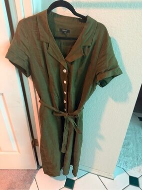 Quince Olive Green Collared Button-Front Dress with Tie Waist